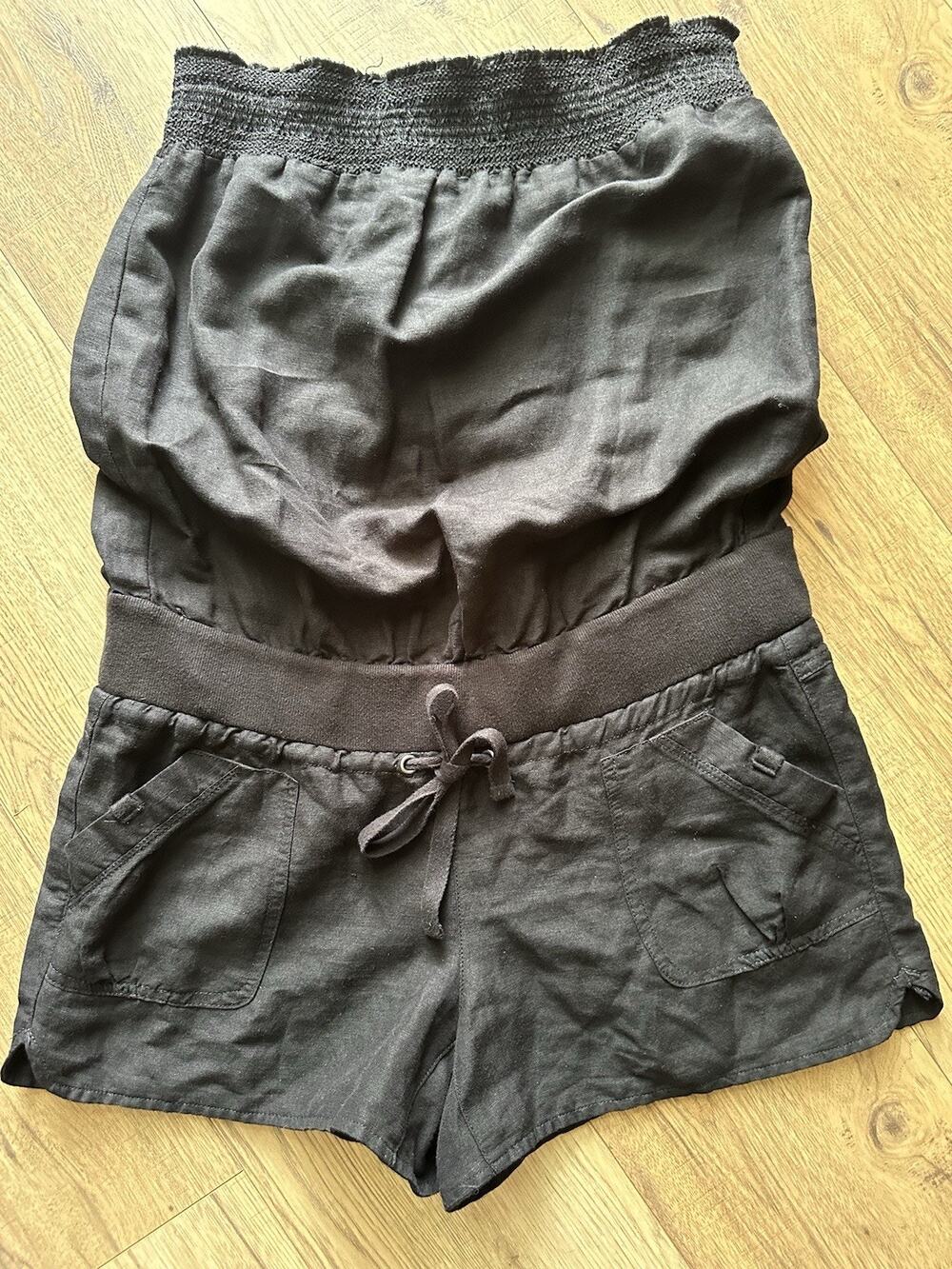 Linen Viscose Strapless Smocked Romper Casual Pockets M Black Jolt EUC